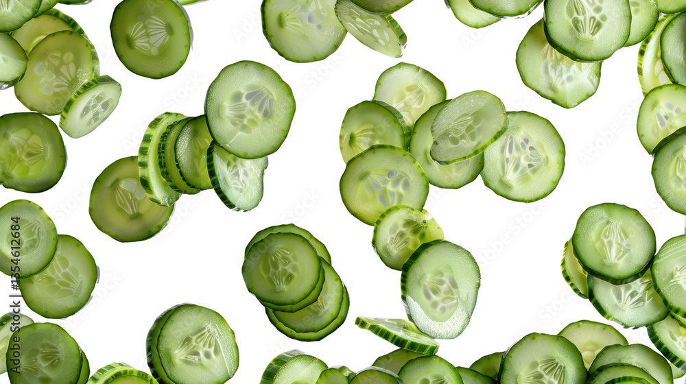 Poster fresh cucumber slices: an overhead shot captures a vibrant composition of thinly sliced cucumbers, r