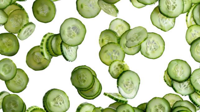 Fresh Cucumber Slices: An overhead shot captures a vibrant composition of thinly sliced cucumbers, revealing their refreshing green interior and arranged for visual appeal. 