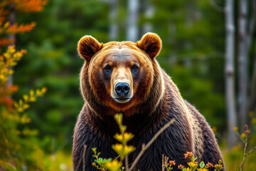 Grizzly Bear with Vibrant, Rich Fur Colors Gracefully Moving Through a Blurred Forest, Capturing Its Majestic Presence, Vibrant Wallpaper