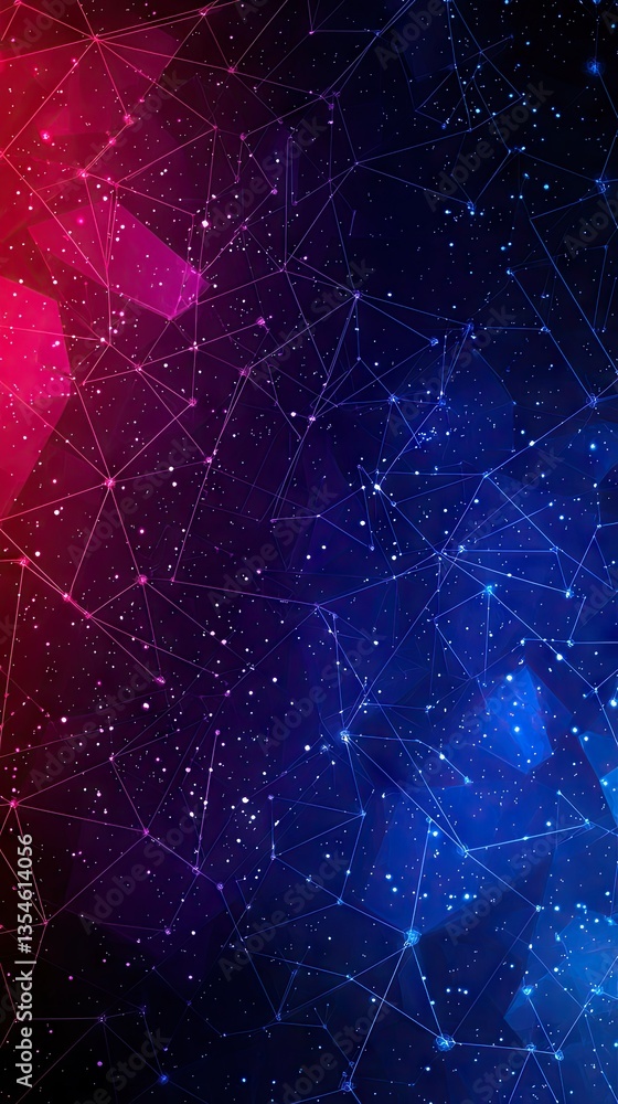 Poster abstract glowing network of connections in deep space with red and blue cosmic nebulae background