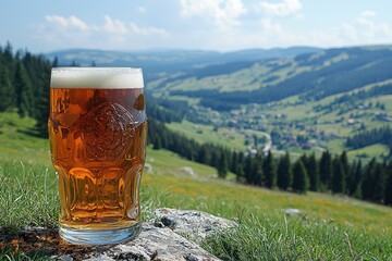 Glass of beer on mountaintop, scenic valley view.