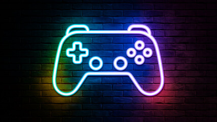 Neon gamepad outline on dark brick wall, vibrant multicolored glow, symbolizes gaming, entertainment, technology, esports