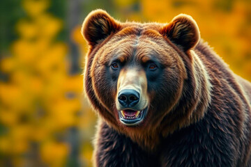 Grizzly Bear with Vibrant, Rich Fur Colors Gracefully Moving Through a Blurred Forest, Capturing Its Majestic Presence, Vibrant Wallpaper