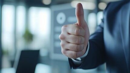 Confident Businessman in Modern Office with Thumbs Up Gesture