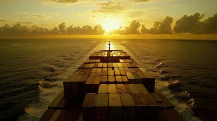Container Ship Sailing Towards Sunset Ocean Horizon