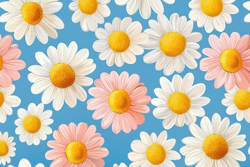 Obraz premium Seamless Pattern of Pink and White Daisies on Blue Background for Textiles and Packaging