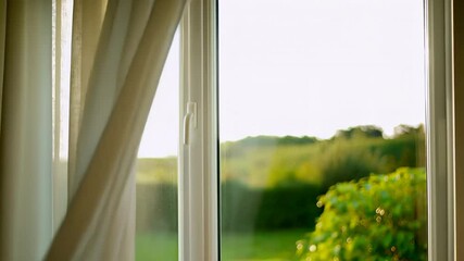 Sunlit window with flowing curtains overlooking peaceful green hill. Concept of calm home retreat