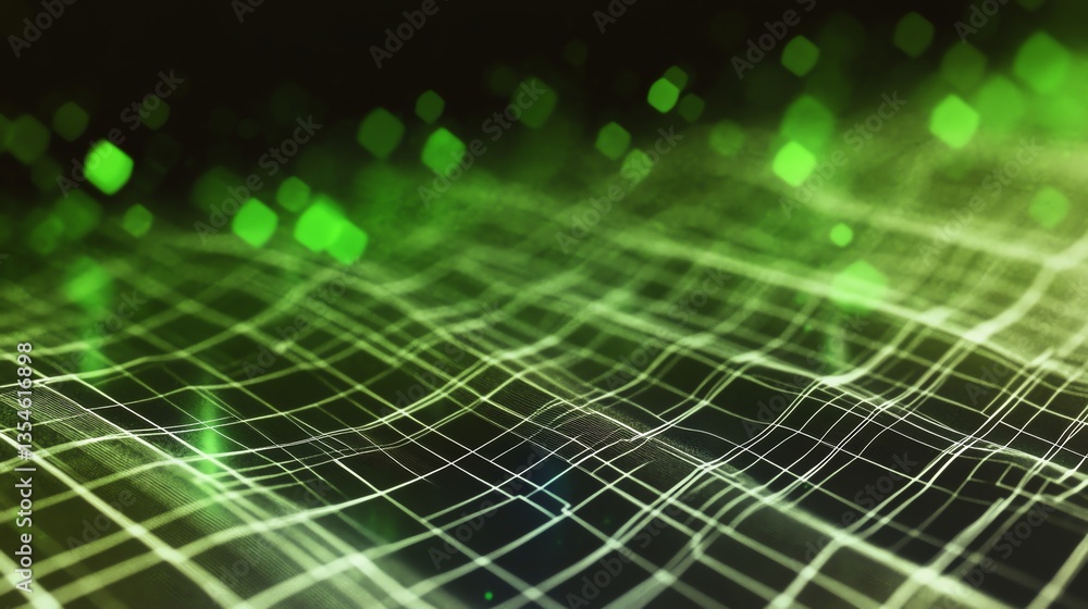 Poster abstract green data grid with bokeh lights network background