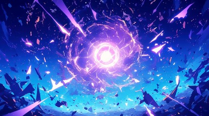 Obraz premium Anime Gravity Pulse Explosion, dynamic illustration of a gravitational energy burst, vivid energy waves radiating outward, swirling cosmic colors of deep purple, blue, magenta, intense motion lines.