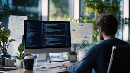 A developer troubleshooting code in a collaborative office environment