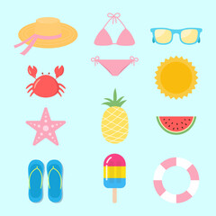 Summer elements.Set of cute colorful beach icons isolated on light blue background.Vector graphic illustration.