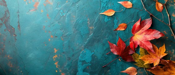 Autumn Leaves on Teal Textured Background Fall Foliage Thanksgiving