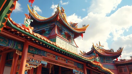 Naklejka premium Chinese style architecture with intricate detailing and vibrant red columns image