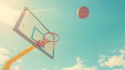 Obraz premium Basketball soaring towards hoop outdoors.