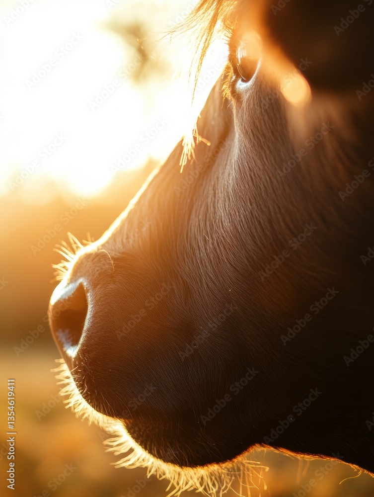 Aufkleber Close-up of a cows face illuminated by warm sunlight in a tranquil rural farm setting with soft fur textures and a blurred background