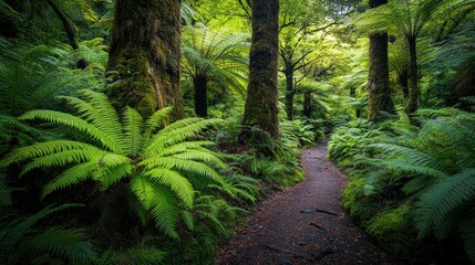 Fototapeta premium A serene forest path surrounded by lush greenery and ferns, inviting exploration and connection with nature.