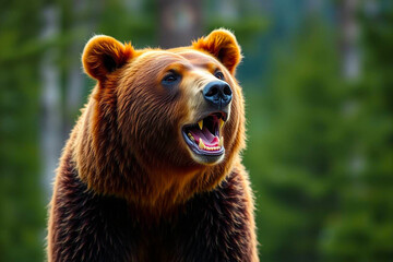 Grizzly Bear with Vibrant, Rich Fur Colors Gracefully Moving Through a Blurred Forest, Capturing Its Majestic Presence, Vibrant Wallpaper