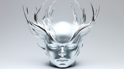Silver female head sculpture with antlers.