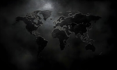 Dark, textured world map graphic, embossed on a grunge background; ideal for concepts of global business, travel, or international connections.