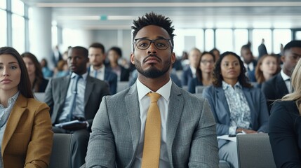 Obraz premium A diverse audience listens attentively during a professional seminar or conference, showcasing engagement and focus within a corporate environment.