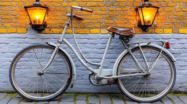 Vintage bicycle parked against yellow brick wall with lanterns.