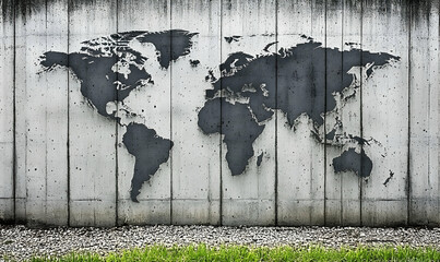 Concrete wall with a world map imprinted, showcasing global connectivity and travel concepts. Ideal for travel, global business, or geography-related projects.