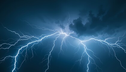 Dramatic Lightning Storm, Powerful lightning strikes across a dark stormy sky.