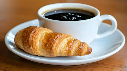 Delicious croissant and coffee; perfect breakfast pairing on a wooden table. Ideal for cafes, bakeries, or breakfast-themed projects.