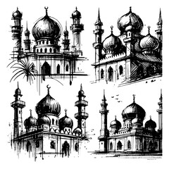 A set of four hand-drawn mosque sketches, each featuring a rough and organic brushstroke style