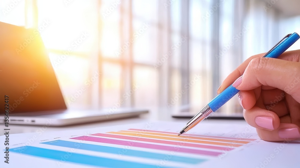 Poster a hand holding a pen marks a colorful graph on a document, with a laptop in the background, indicati