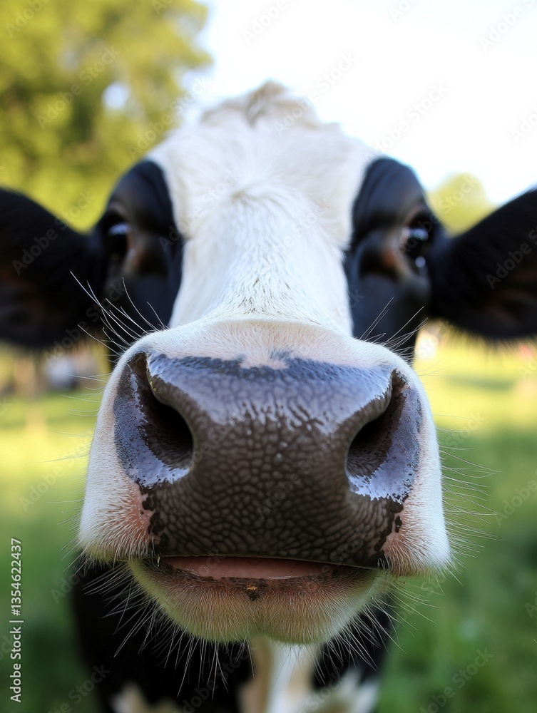 Poster close-up of a cows face showcasing soft fur and warm sunlight in a blurred rural farm setting