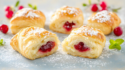 Delicious homemade pastries filled with sweet cherry jam, dusted with powdered sugar. Perfect for breakfast, brunch, or dessert.