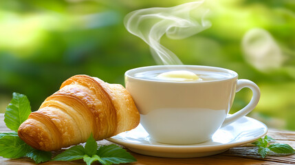 Delicious croissant and steaming cup of tea on a wooden table, surrounded by lush green foliage. Perfect for breakfast or a relaxing afternoon.