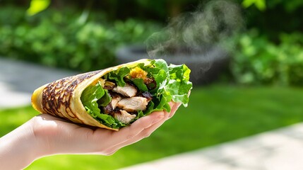 hand holding a Japanese-style crepe filled with a mix of savory ingredients like grilled chicken, lettuce, and cheese, with a focus on the crispy outer layer and the steam rising from the warm 