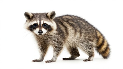 Obraz premium Young raccoon standing against white background. Possible use Wildlife, nature, education