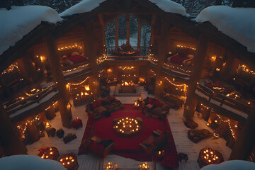 Luxurious winter lodge interior, candlelit ambiance, snow-covered roof, multiple levels, comfortable seating, fireplaces, bedrooms.