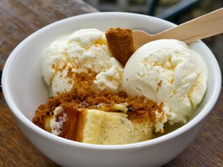 A bowl of Vanilla Ice Cream and Cheesecake Delight with Cookie crumble 