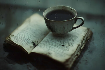 A moody, atmospheric image of an antique book with a cup of dark tea resting on top, rain visible on a window in the background.