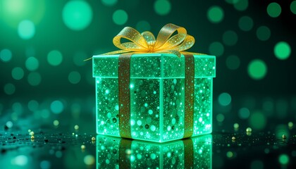 Glowing Gift Box with Gold Bow, Magical green gift box with gold ribbon. Festive, celebratory, and luxurious.