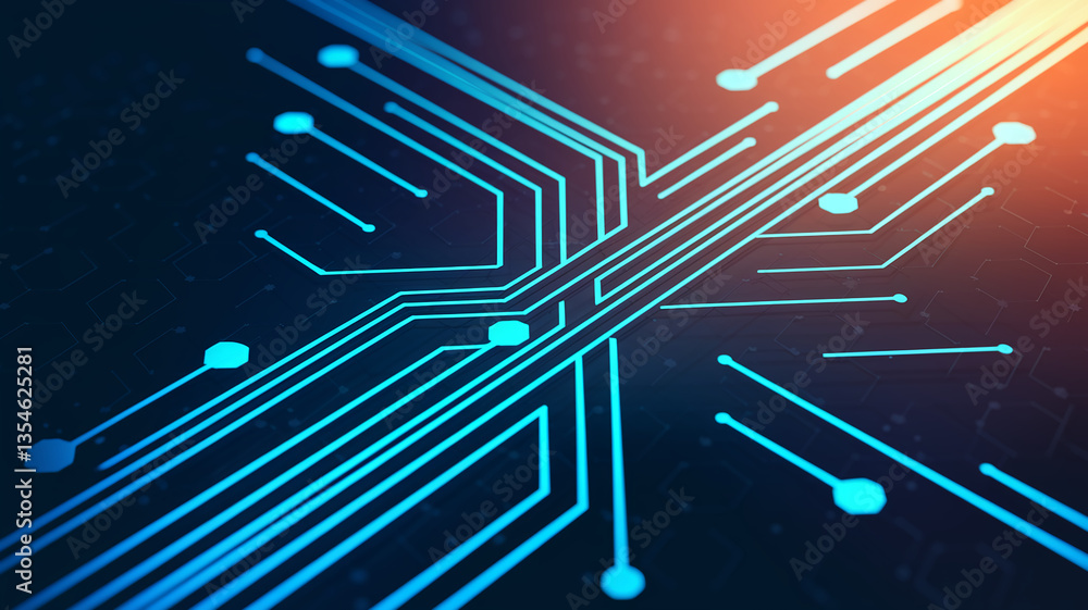 Poster abstract image of glowing blue circuit board lines, creating a technological and dynamic design, sho