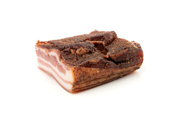 Cured carbonara pork isolated, raw smoked bacon, streaky brisket on white background
