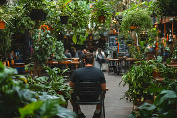 Serene man sits alone amidst lush greenery in a vibrant, plant-filled cafe or market.