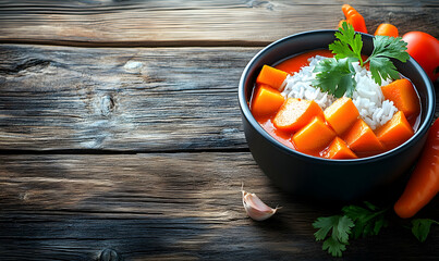 Delicious and vibrant carrot curry served with fluffy white rice in a rustic black bowl, garnished with fresh cilantro.