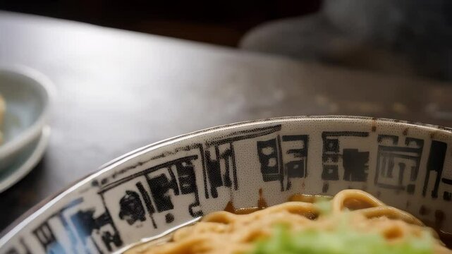 Gastronomic Delight: A close-up shot showcases a detailed view of a captivating bowl of ramen with intricate patterns on the rim and the subtle texture of the noodles and garnishes.