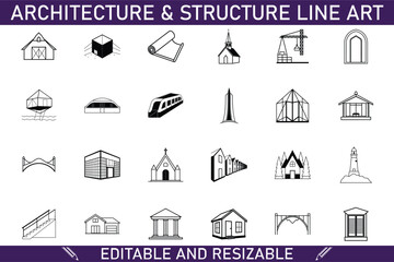 Architecture Structure Line Art Icons Editable, Resizable Building Designs