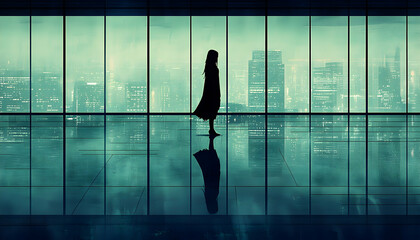 Solitary figure silhouetted against a panoramic cityscape viewed through large windows of a modern building, evoking contemplation and urban solitude.