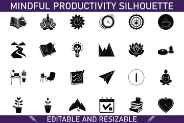 Mindful Productivity Silhouette Icons Yoga, Books, Time, Goals