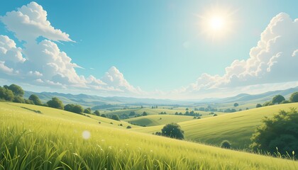 Obraz premium Sunny Green Rolling Hills Landscape, Idyllic summer landscape with rolling green hills and bright sun.