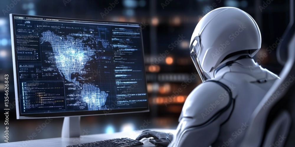 Poster high-tech cybersecurity concept highlighting chaos in digital realms with a futuristic figure monito