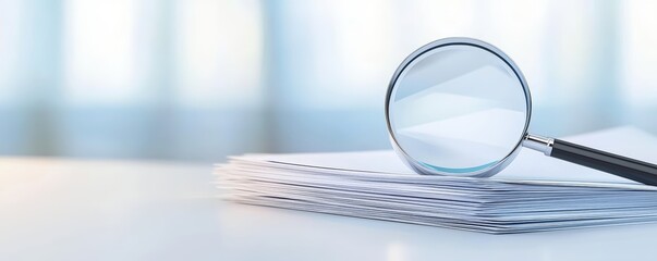 A close-up of a magnifying glass resting on a stack of papers, symbolizing clarity and meticulous examination against a soft-focus background.